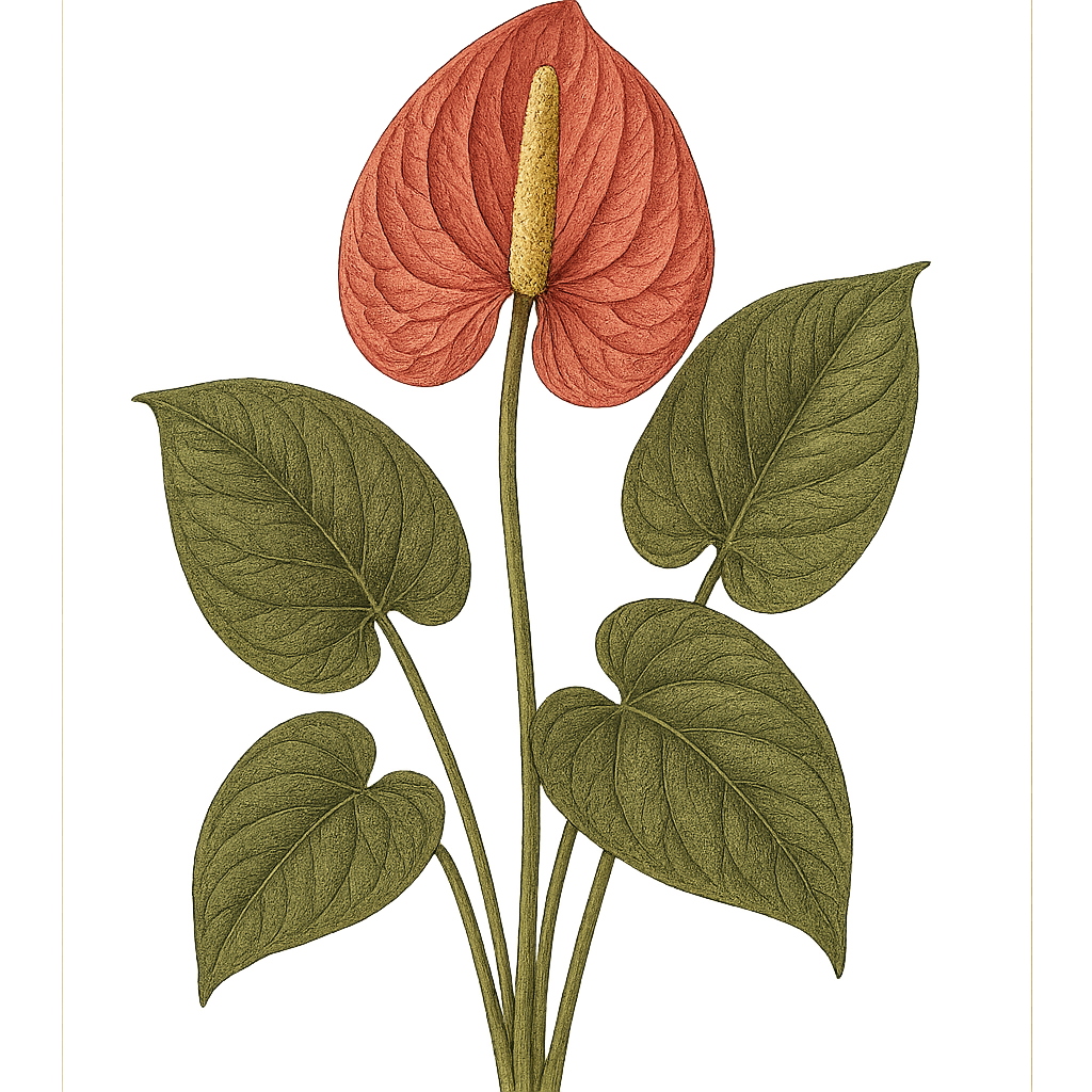 Botanical artwork associated with flamingo-lily (Anthurium andraeanum Linden ex André)