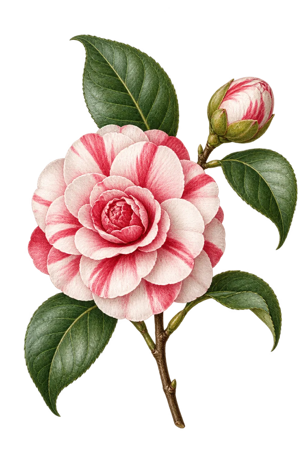 Botanical artwork associated with camellia (Camellia japonica L.)