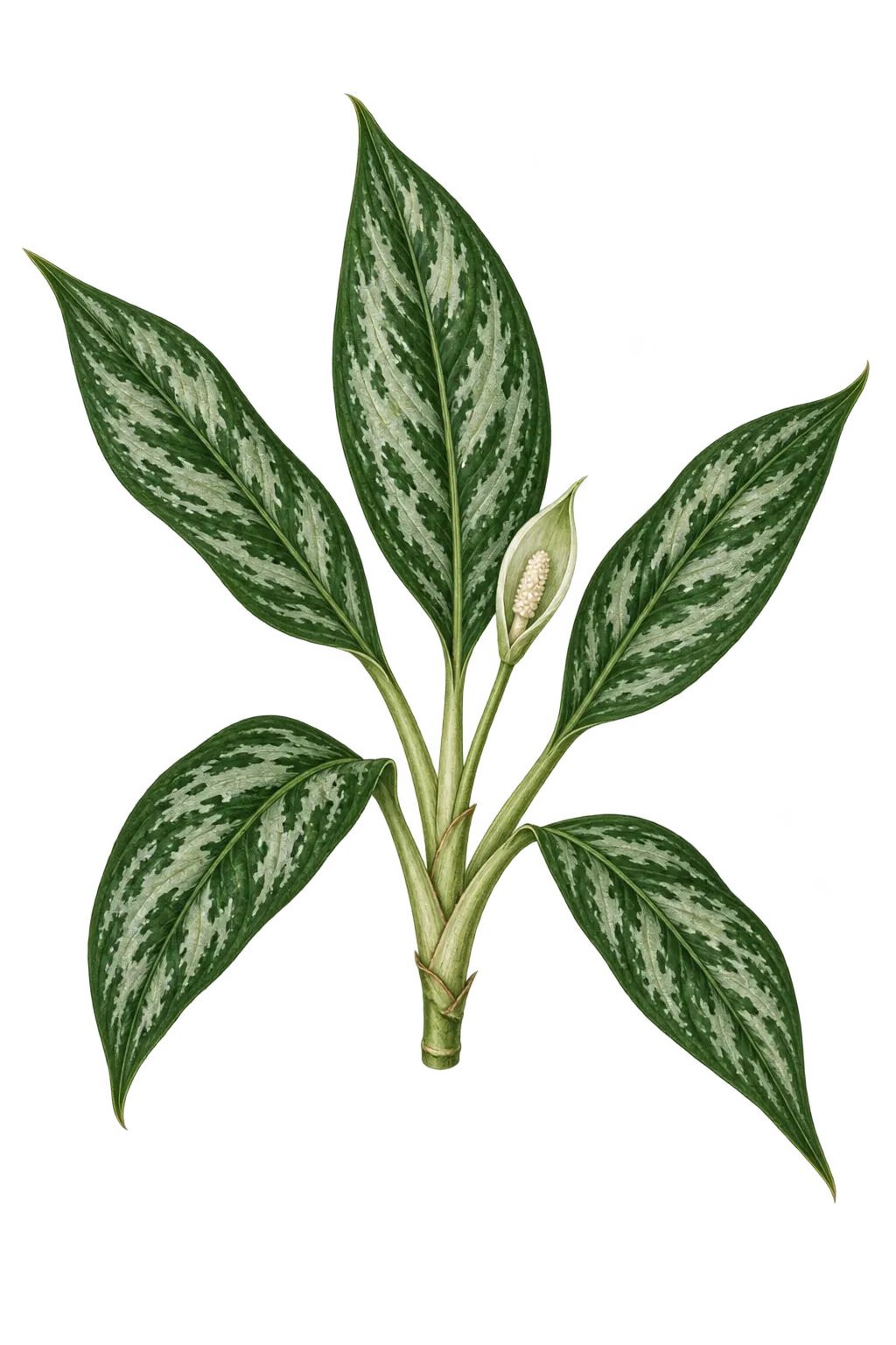 Botanical artwork associated with Philippine evergreen (Aglaonema commutatum Schott)