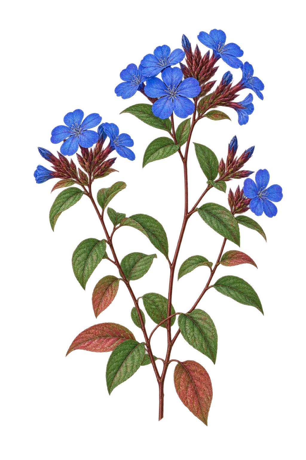 Botanical artwork associated with blue leadwood (Ceratostigma plumbaginoides Bunge)