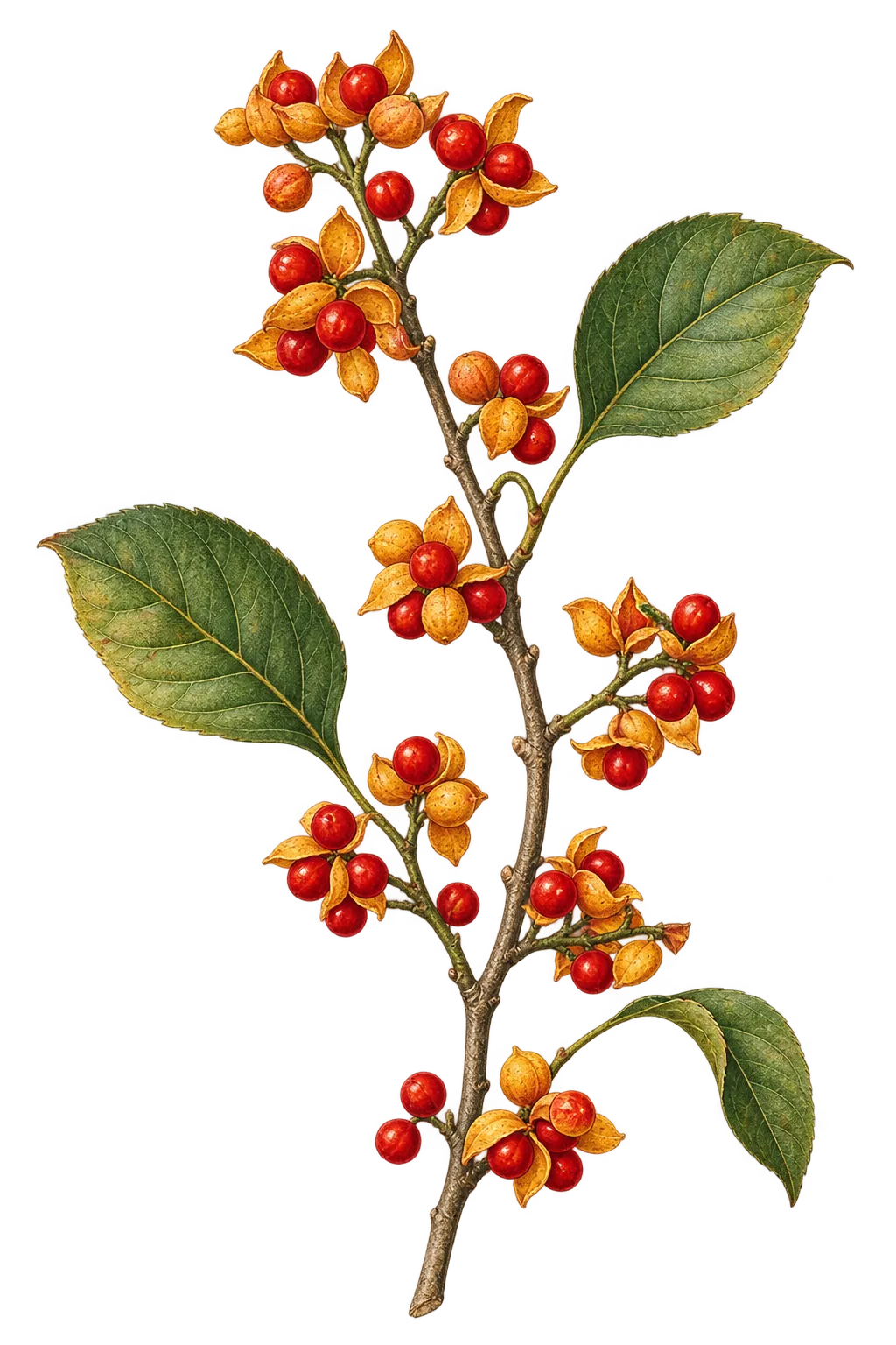 Botanical artwork associated with American bittersweet (Celastrus scandens L.)