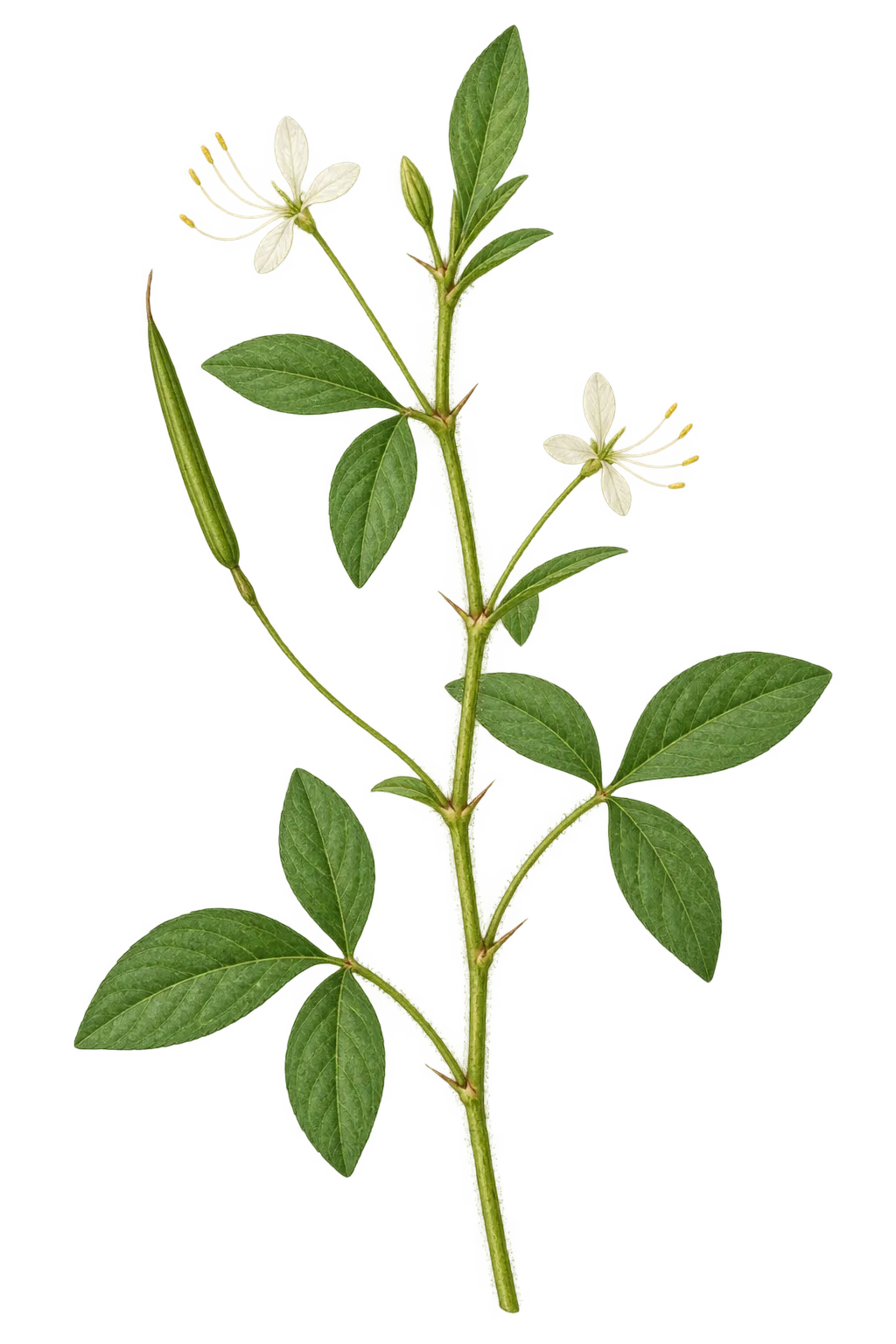 Botanical artwork associated with prickly spiderflower (Cleome aculeata L.)