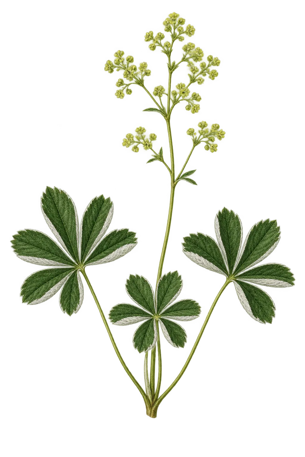 Botanical artwork associated with alpine lady's mantle (Alchemilla alpina L.)