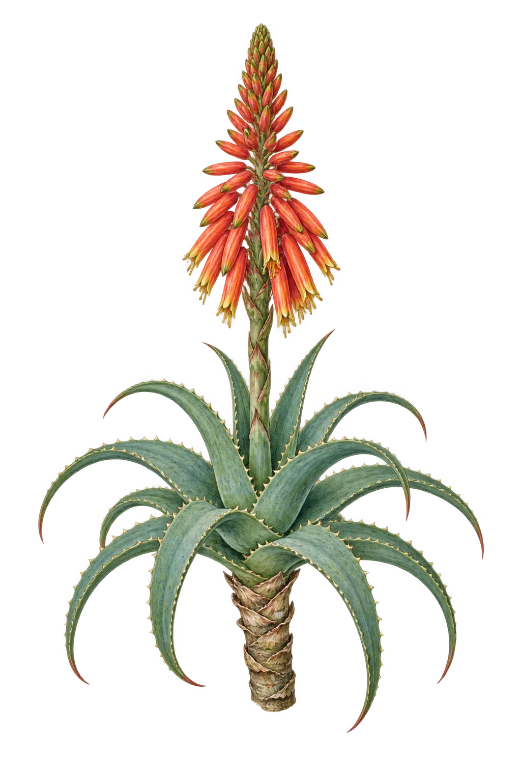 Botanical artwork associated with candelabra aloe (Aloe arborescens Mill.)