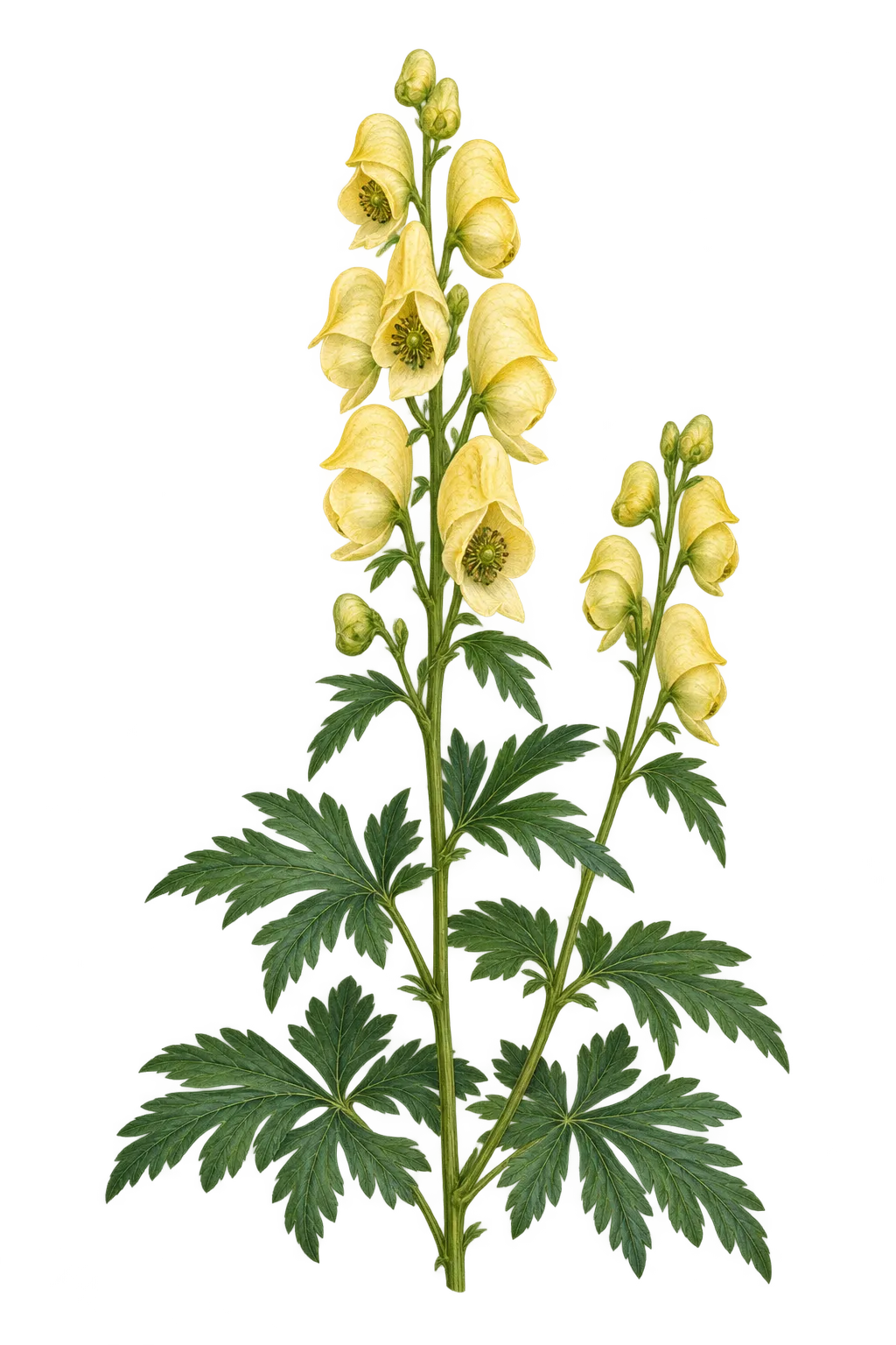 Botanical artwork associated with yellow monkshood (Aconitum anthora L.)