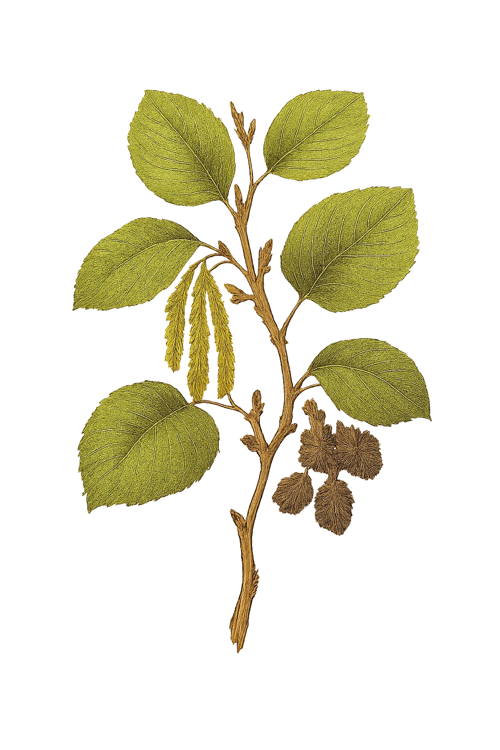 Botanical artwork associated with Italian alder (Alnus cordata (Loisel.) Duby)