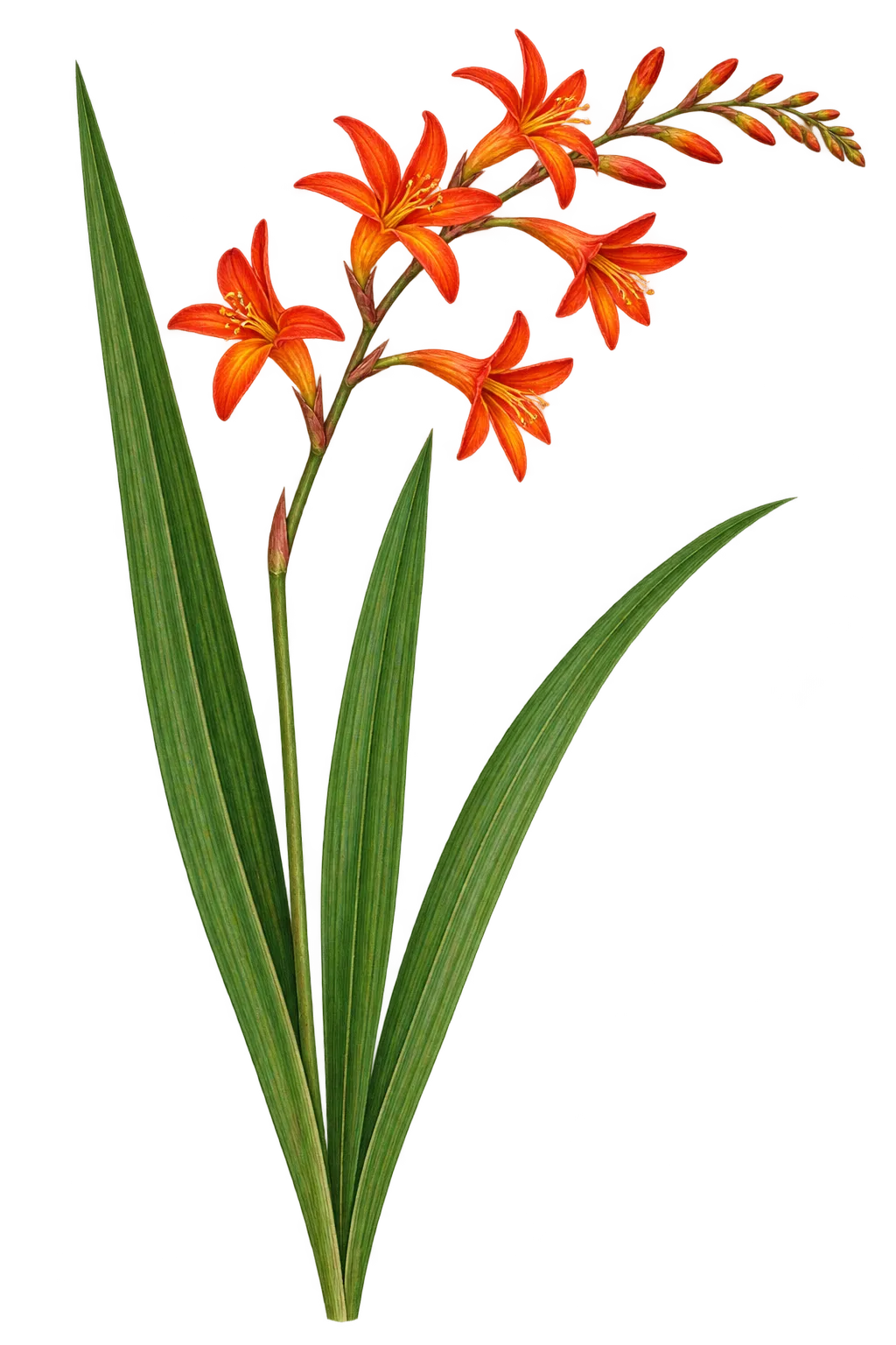 Botanical artwork associated with montbretia (Crocosmia ×crocosmiiflora (Lemoine) N.E.Br.)