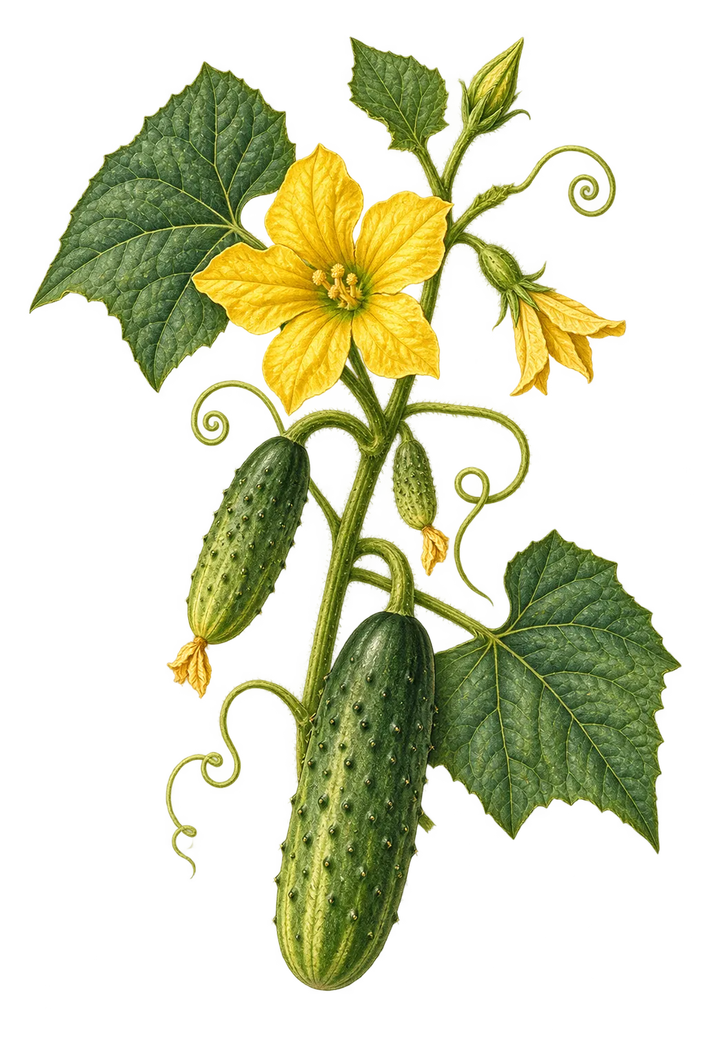 Botanical artwork associated with garden cucumber (Cucumis sativus L.)