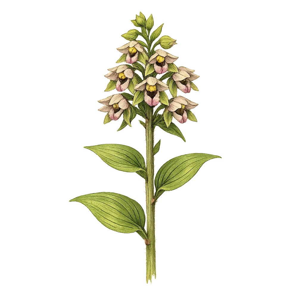 Botanical artwork associated with broadleaf helleborine (Epipactis helleborine (L.) Crantz)