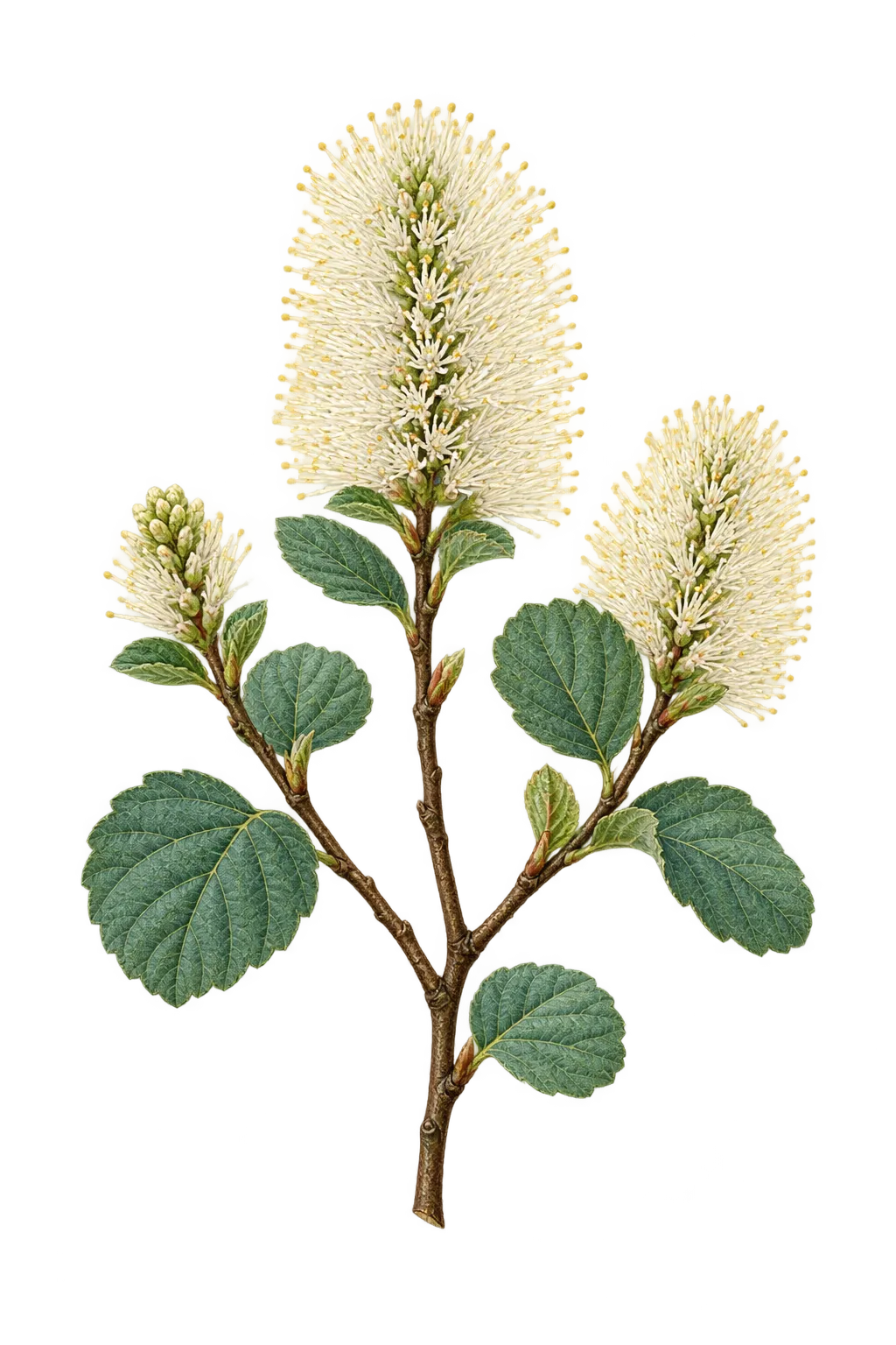 Botanical artwork associated with dwarf witchalder (Fothergilla gardenii L.)