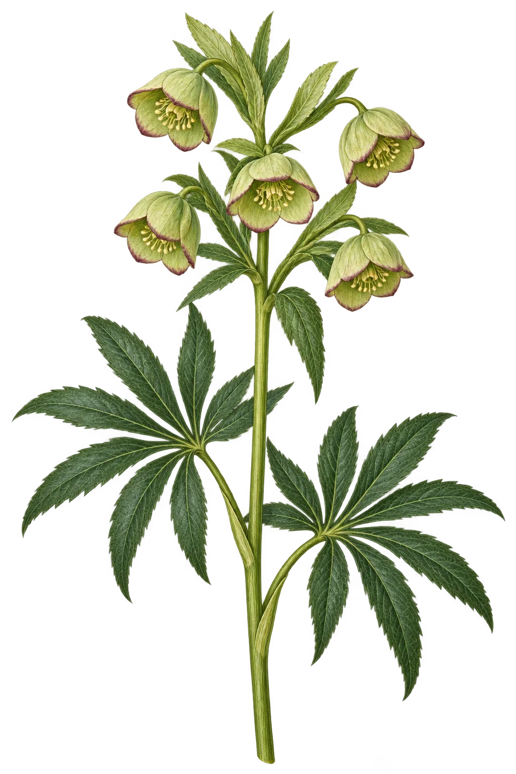 Botanical artwork associated with setterwort (Helleborus foetidus L.)