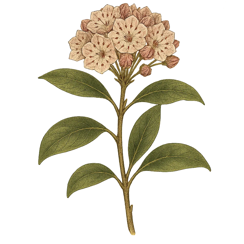 Botanical artwork associated with mountain laurel (Kalmia latifolia L.)