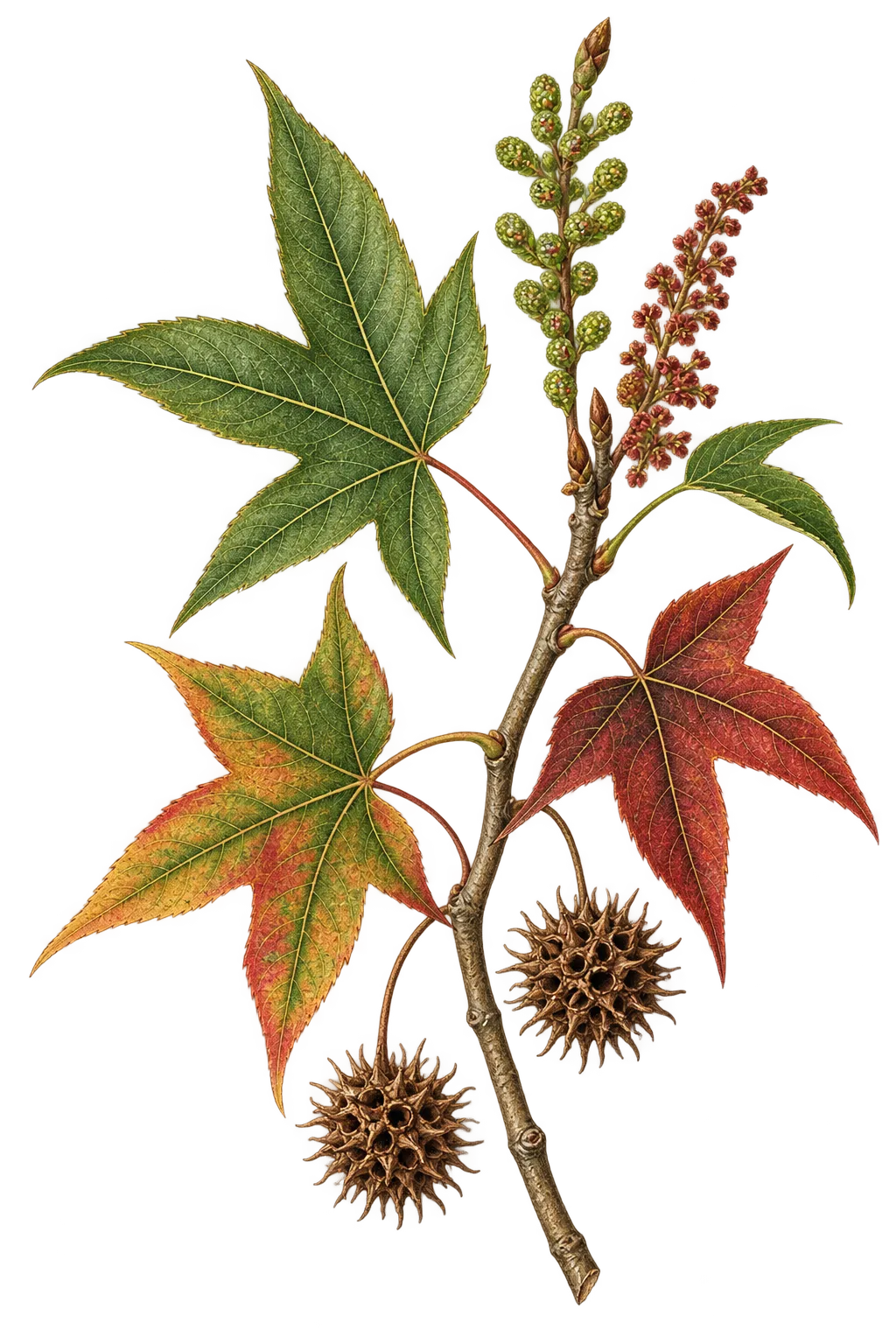 Botanical artwork associated with sweetgum (Liquidambar L.)