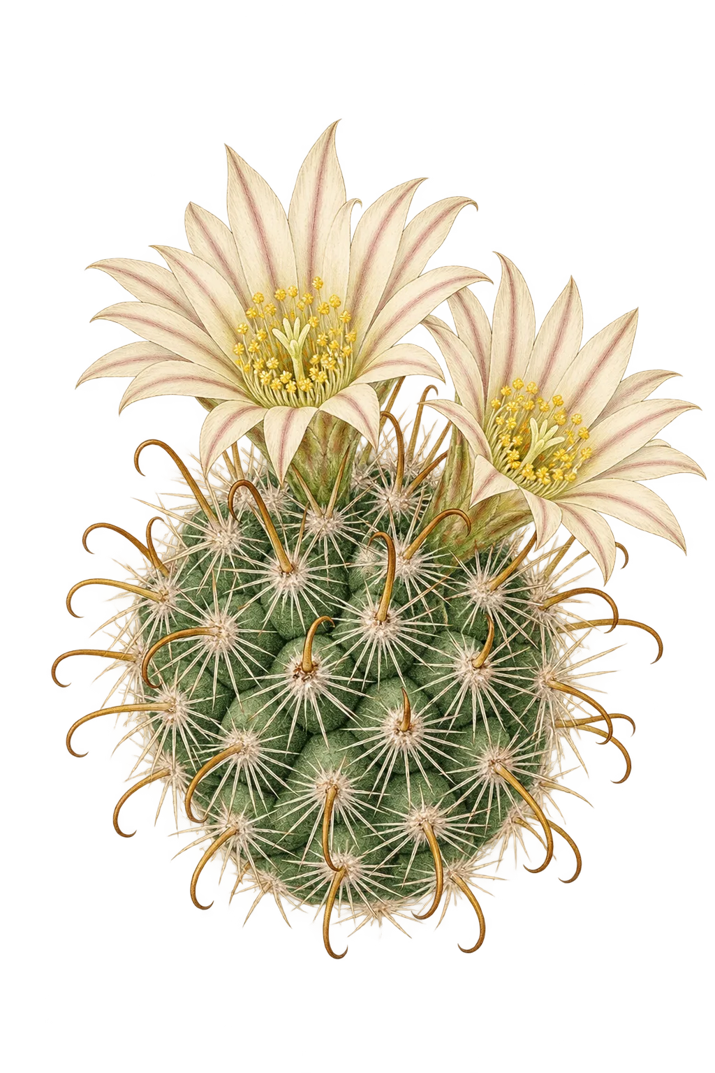 Botanical artwork associated with greenflower nipple cactus (Cochemiea barbata (Engelm.) Doweld)