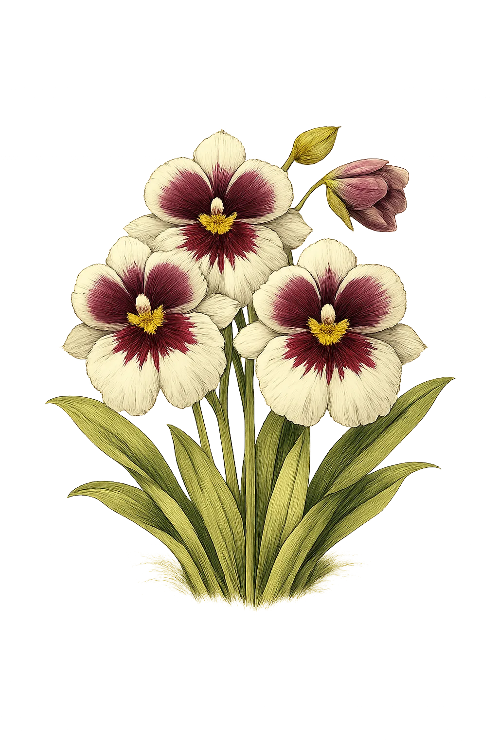 Botanical artwork associated with pansy orchid (Miltonia Lindl.)