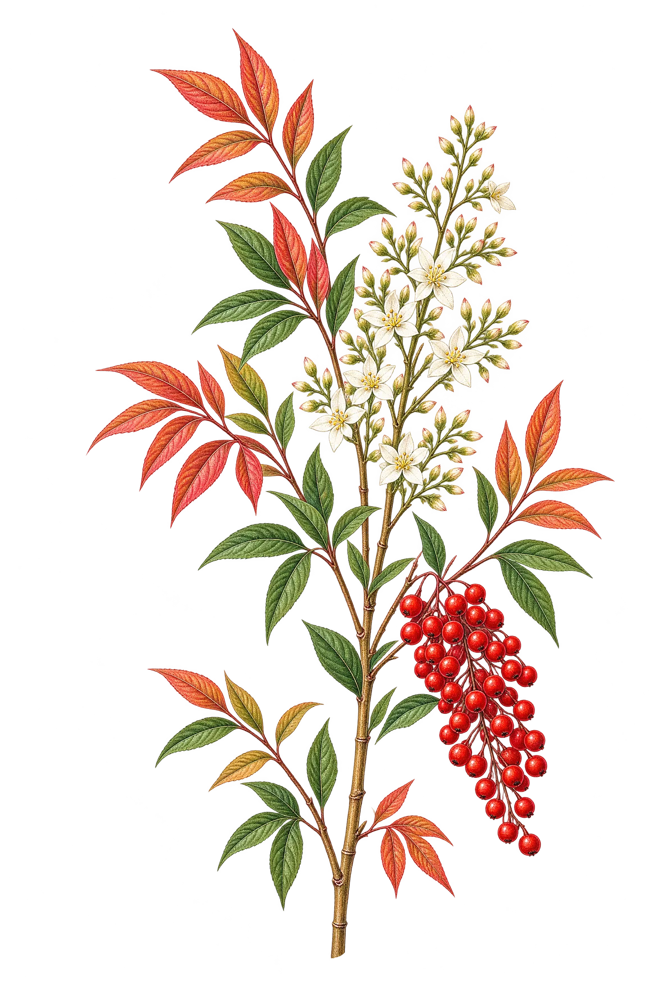 Botanical artwork associated with sacred bamboo (Nandina domestica Thunb.)