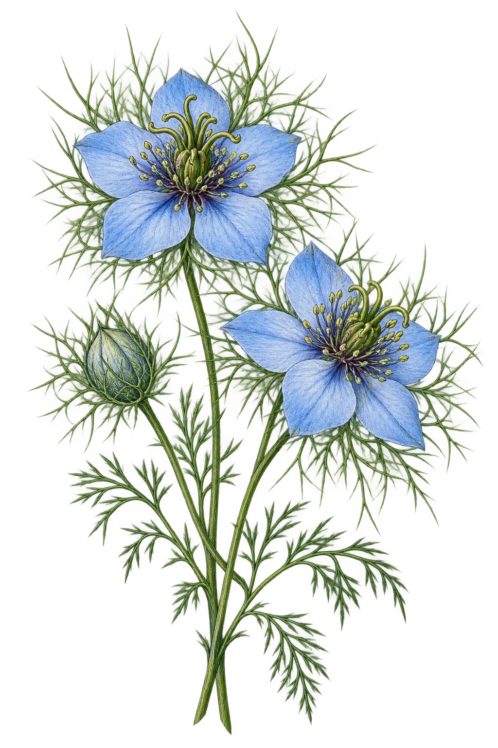 Botanical artwork associated with devil in the bush (Nigella damascena L.)