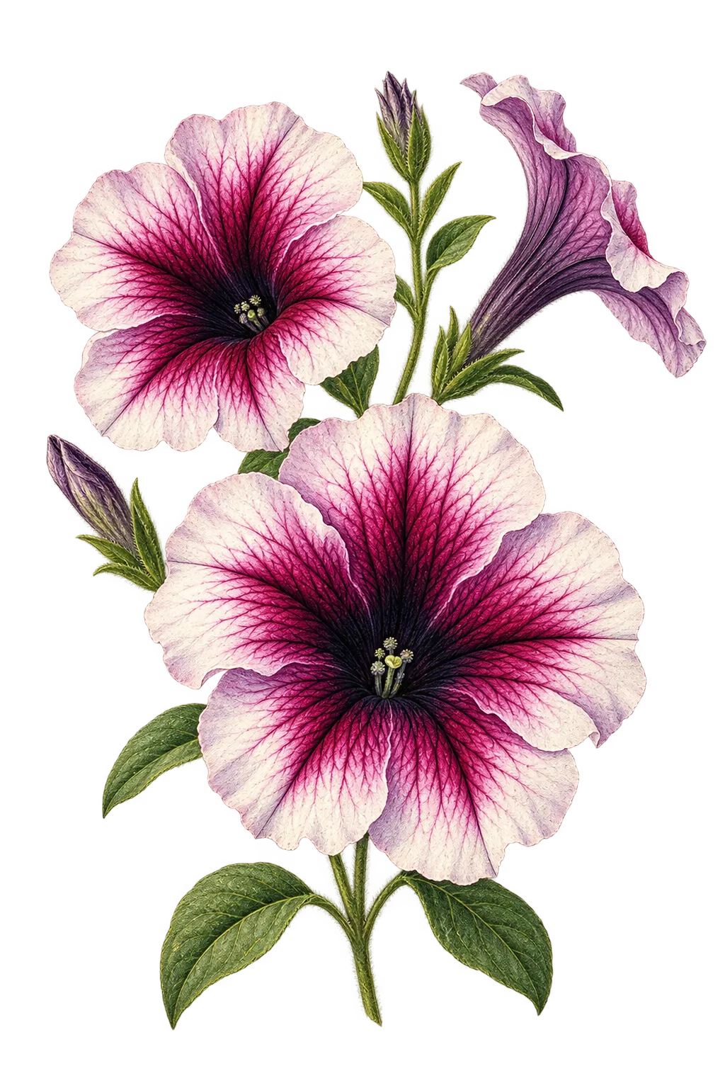Botanical artwork associated with petunia (Petunia × atkinsiana (Sweet) D.Don ex W.H.Baxter)