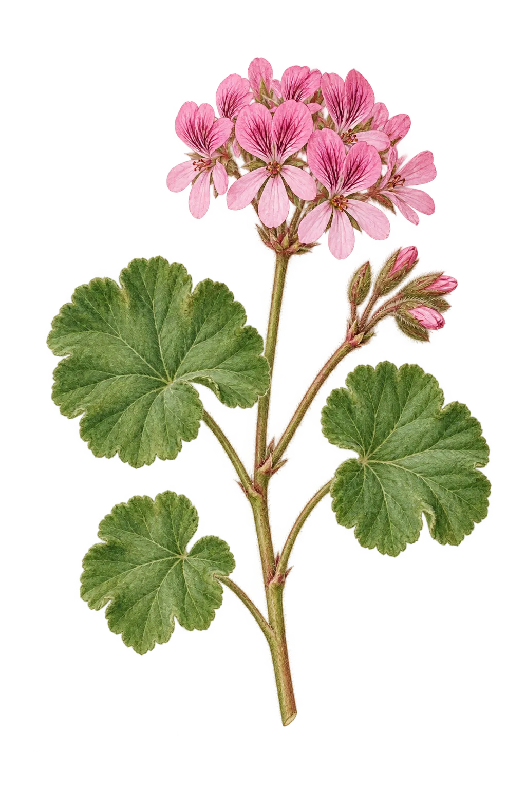 Botanical artwork associated with rose scented geranium (Pelargonium capitatum (L.) L'Hér.)