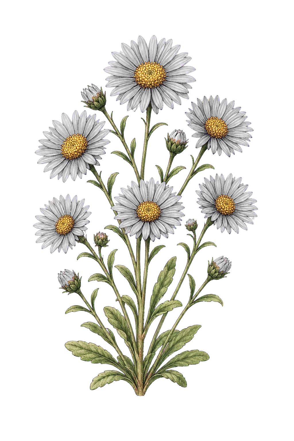 Botanical artwork associated with alpine aster (Aster alpinus L.)