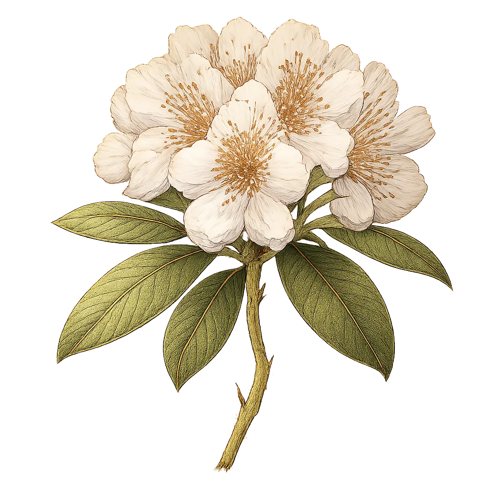 Botanical artwork associated with Konor rhododendron (Rhododendron konori Becc.)