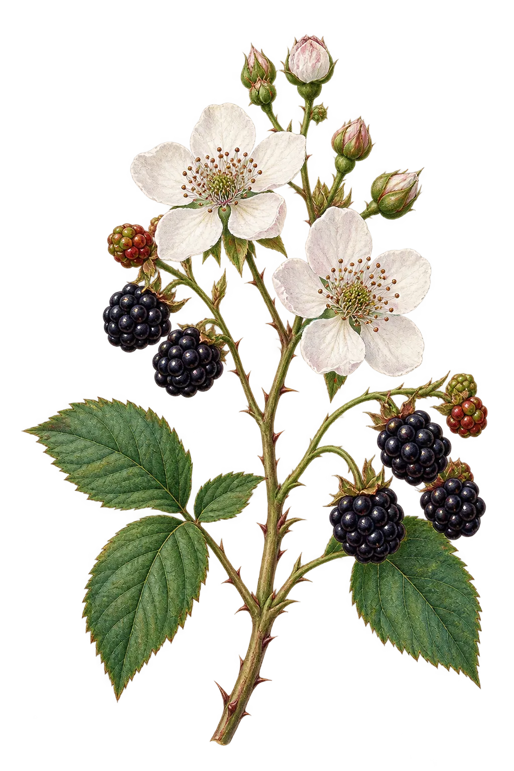 Botanical artwork associated with garden dewberry (Rubus flagellaris Willd.)
