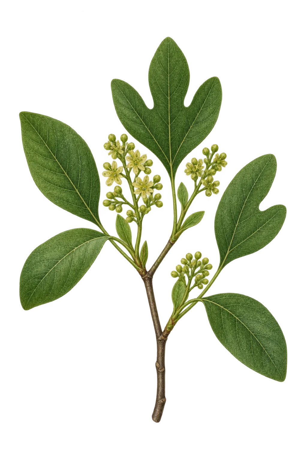 Botanical artwork associated with sassafras (Sassafras albidum (Nutt.) Nees)