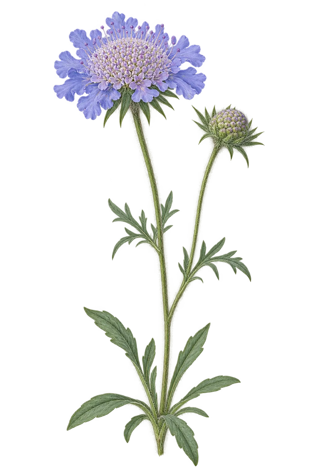 Botanical artwork associated with pincushions (Scabiosa L.)