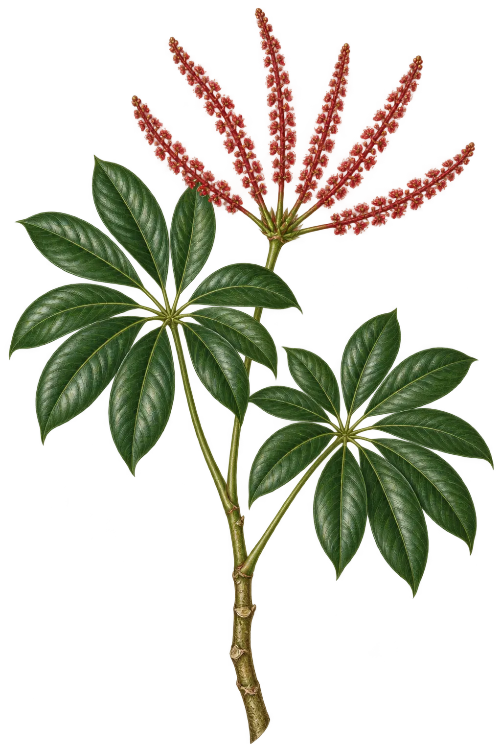 Botanical artwork associated with octopus tree (Heptapleurum actinophyllum (Endl.) Lowry & G.M.Plunkett)