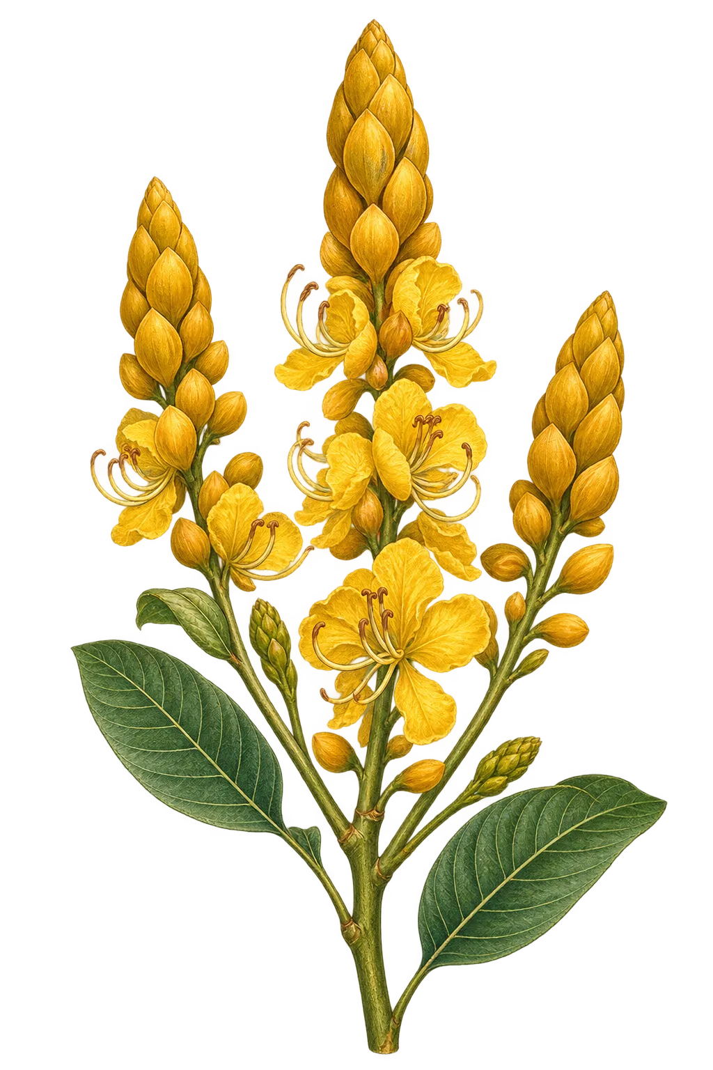 Botanical artwork associated with emperor's candlesticks (Senna alata (L.) Roxb.)