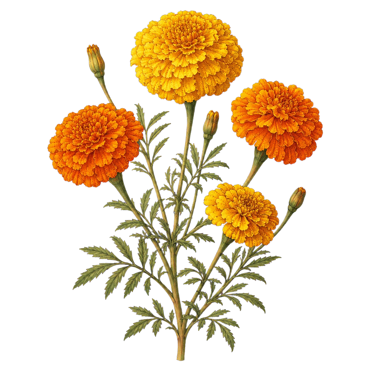 Botanical artwork associated with Aztec marigold (Tagetes erecta L.)