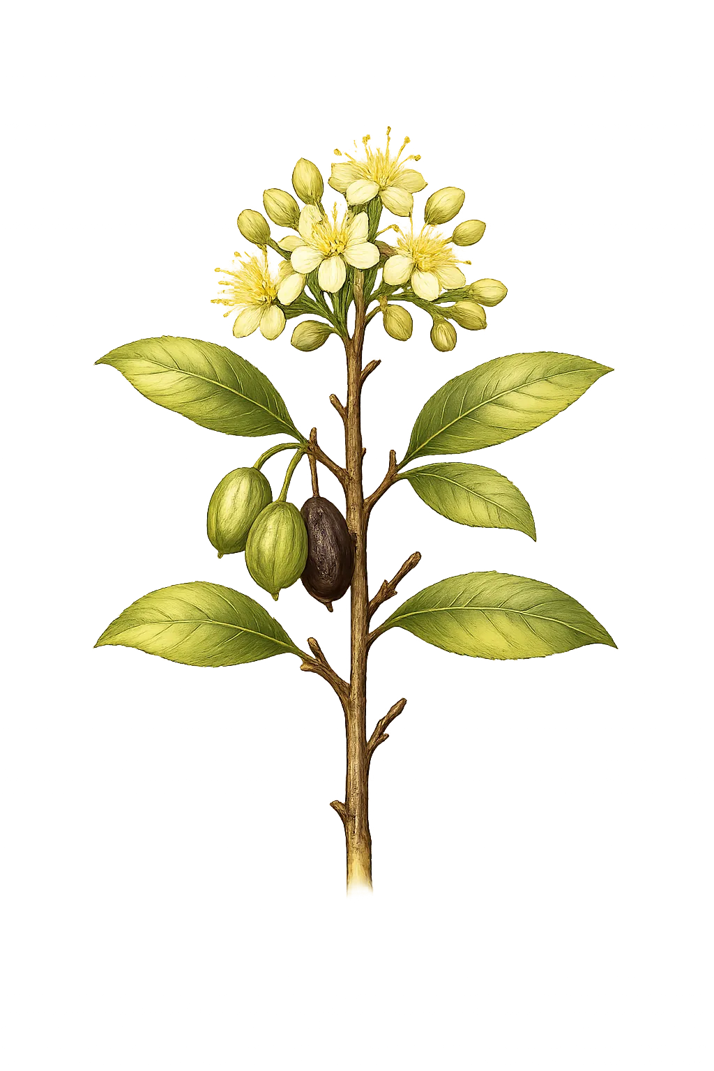 Botanical artwork associated with myrobalan (Terminalia bellirica (Gaertn.) Roxb.)