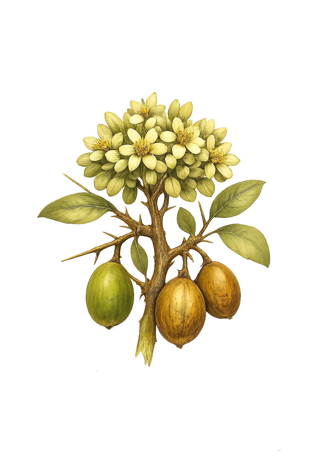 Botanical artwork associated with desert date (Balanites aegyptiaca (L.) Delile)